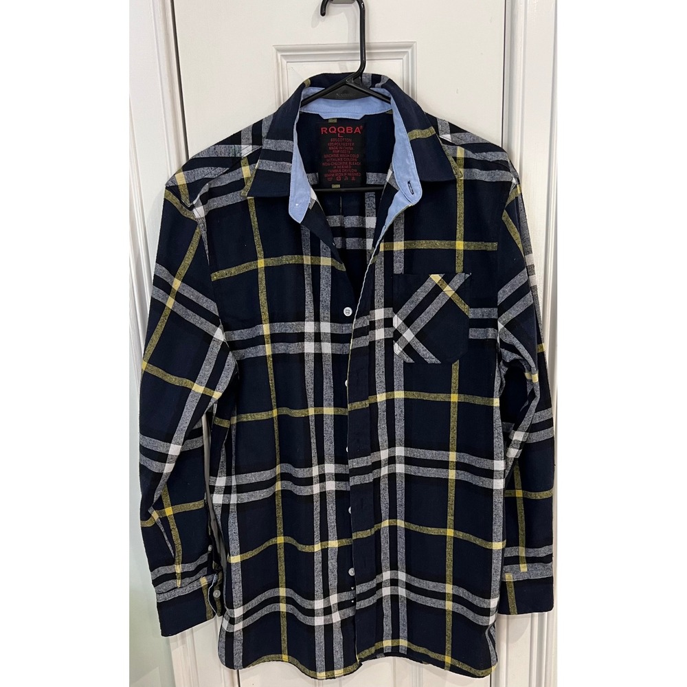 RQQBA Mens Plaid Flannel Shirt Navy Blue Yellow White Long Sleeve Button Down L